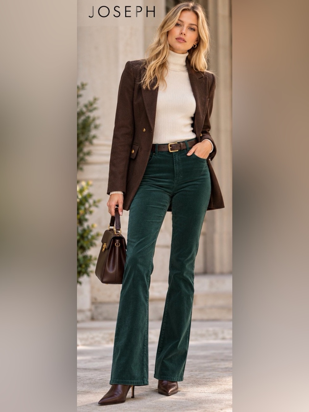 Joseph Forest Green Corduroy Flare Pants Size 36 Made in France